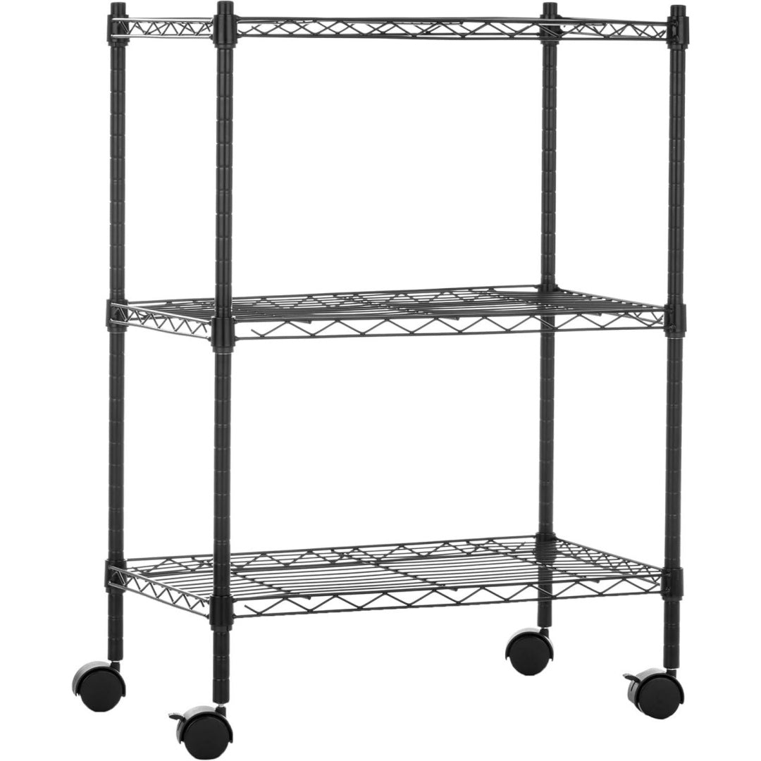amazon basics 3 regalboeden schmal auf rollen mit hoehenverstellbaren einlegeboeden und verstellbaren nivellierfuessen - max gewicht 340 kg schwarz 34 cm d x 589 cm w x 832 cm h