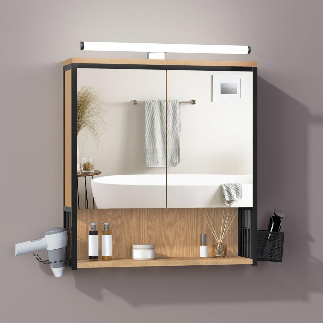 eugad badezimmer-spiegelschrank mit led verstellbarem regal 56x145x60 cm haengeschrank 2 tueren offenes fach verstellbares regal 56 x 135 x 60 cm