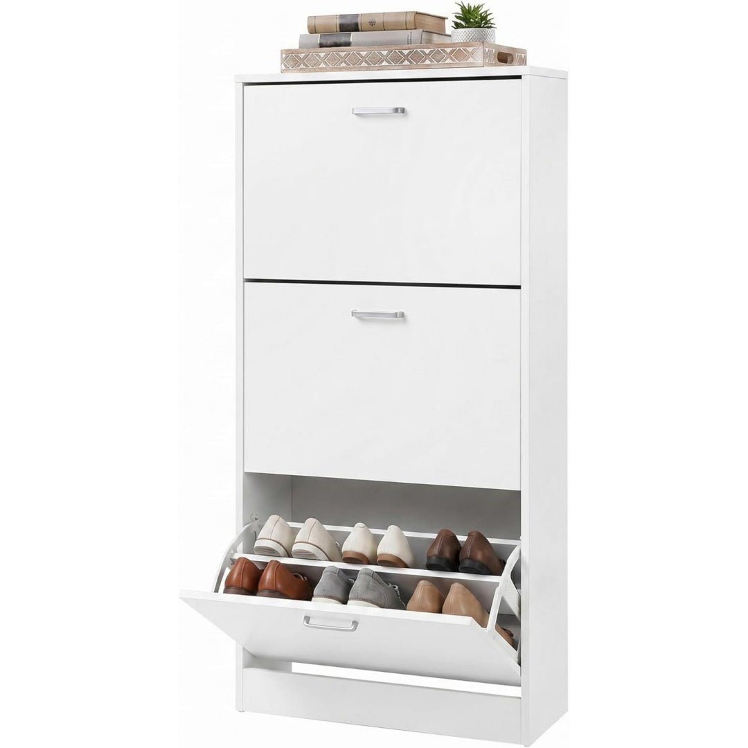 schuhschrank 3 klappfaecher 60x24x120 cm weiss lbc03wt schuhregal aufbewahrungsschrank fuer schmale flure wohnzimmer und schlafzimmer weiss custos kollektion lbc03wt