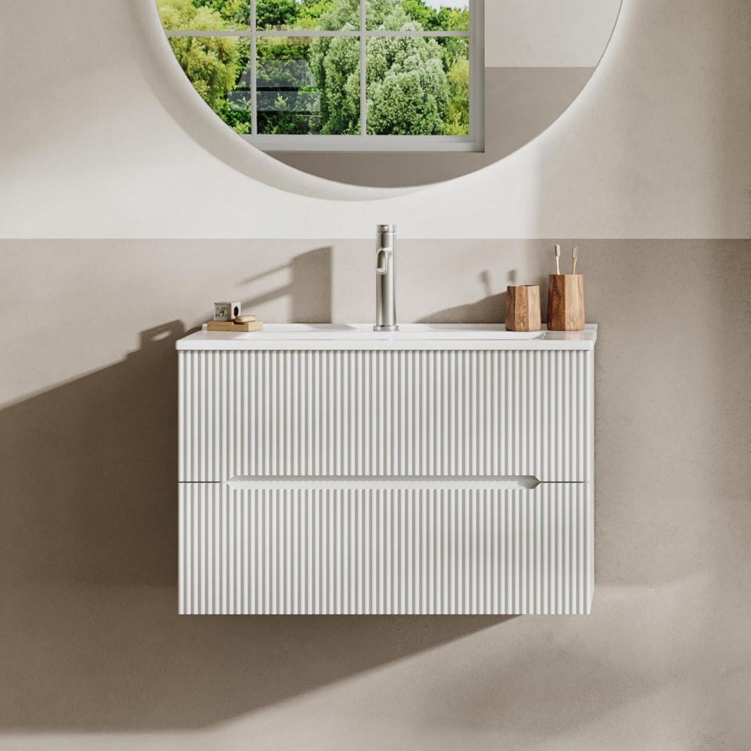 61 cm breiter wandschrank mit keramikwaschbecken 2 schubladen soft-close-funktion geriffelte akzente geeignet fuer kleine badezimmergaeste-wcs weiss matt