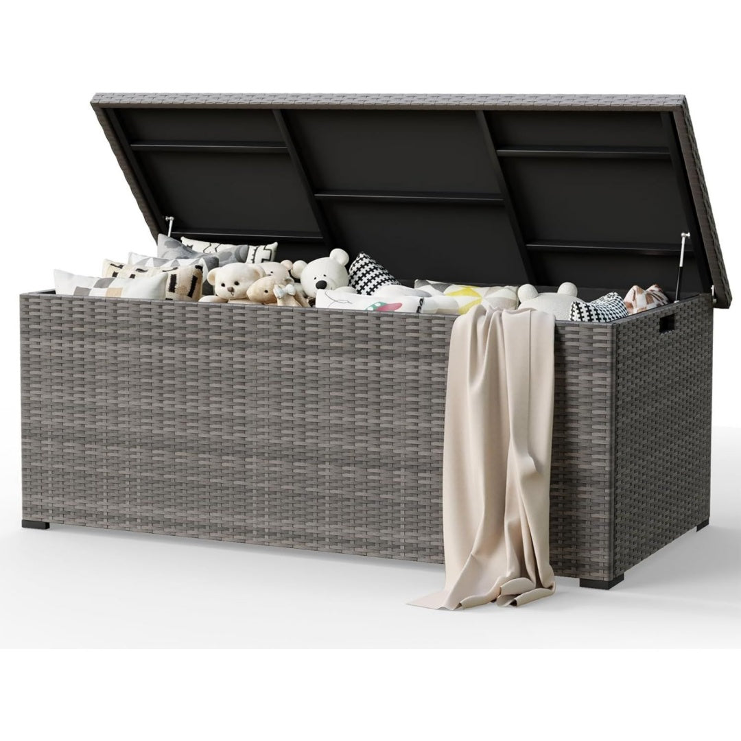 amopatio 870 liter gartenbox auflagenbox wasserdicht kissenbox outdoor aus polyrattan aufbewahrungsbox metall mit gasdruckfedern gartenkiste wetterfest fuer garten balkon grau
