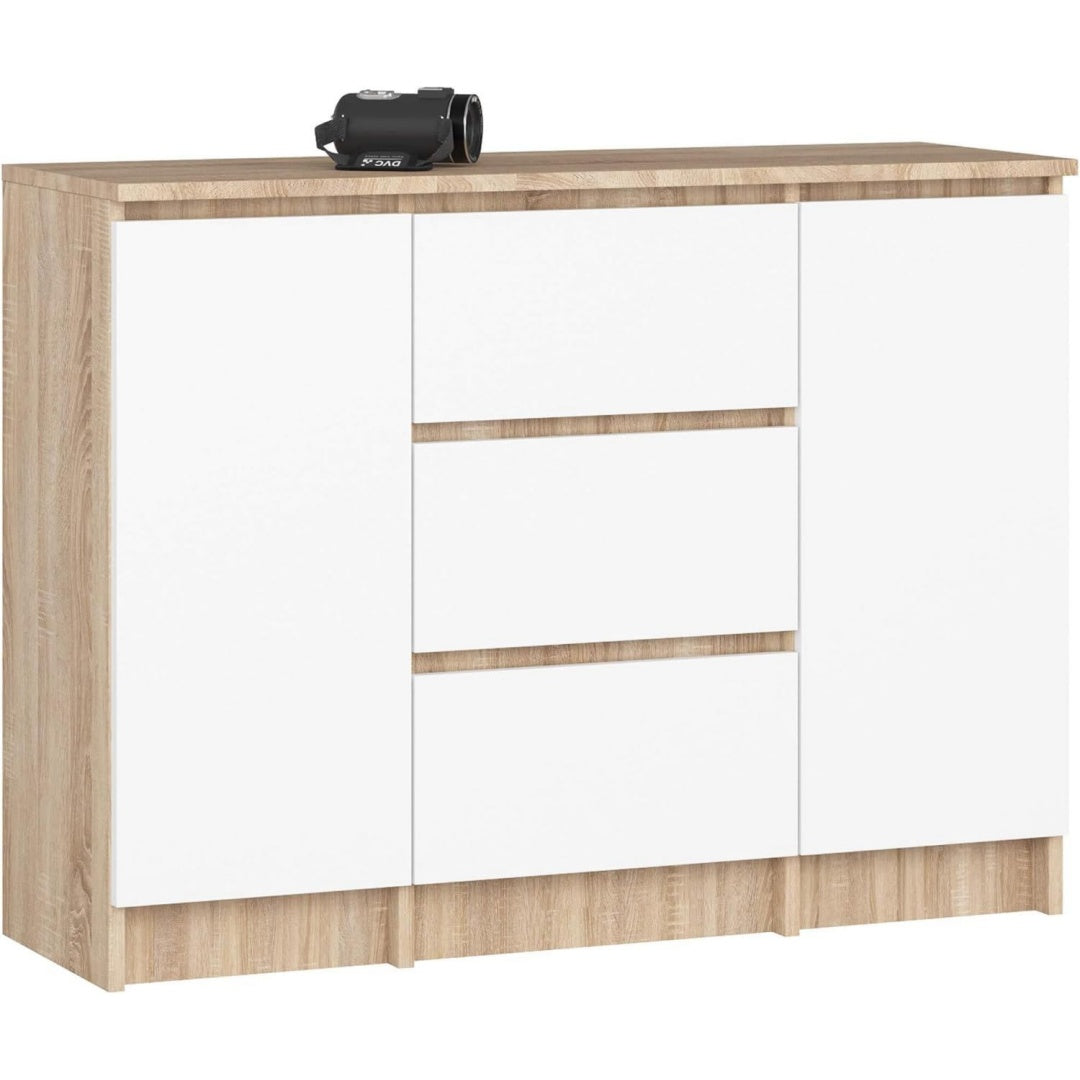 kommode k100 mit 3 schubladen schrank mit 2 tuer 4 regalboeden fuer das wohnzimmer schlafzimmer moderne 16mm laminierte platte b101xh76xt35 cm farbe sonoma-eiche weiss