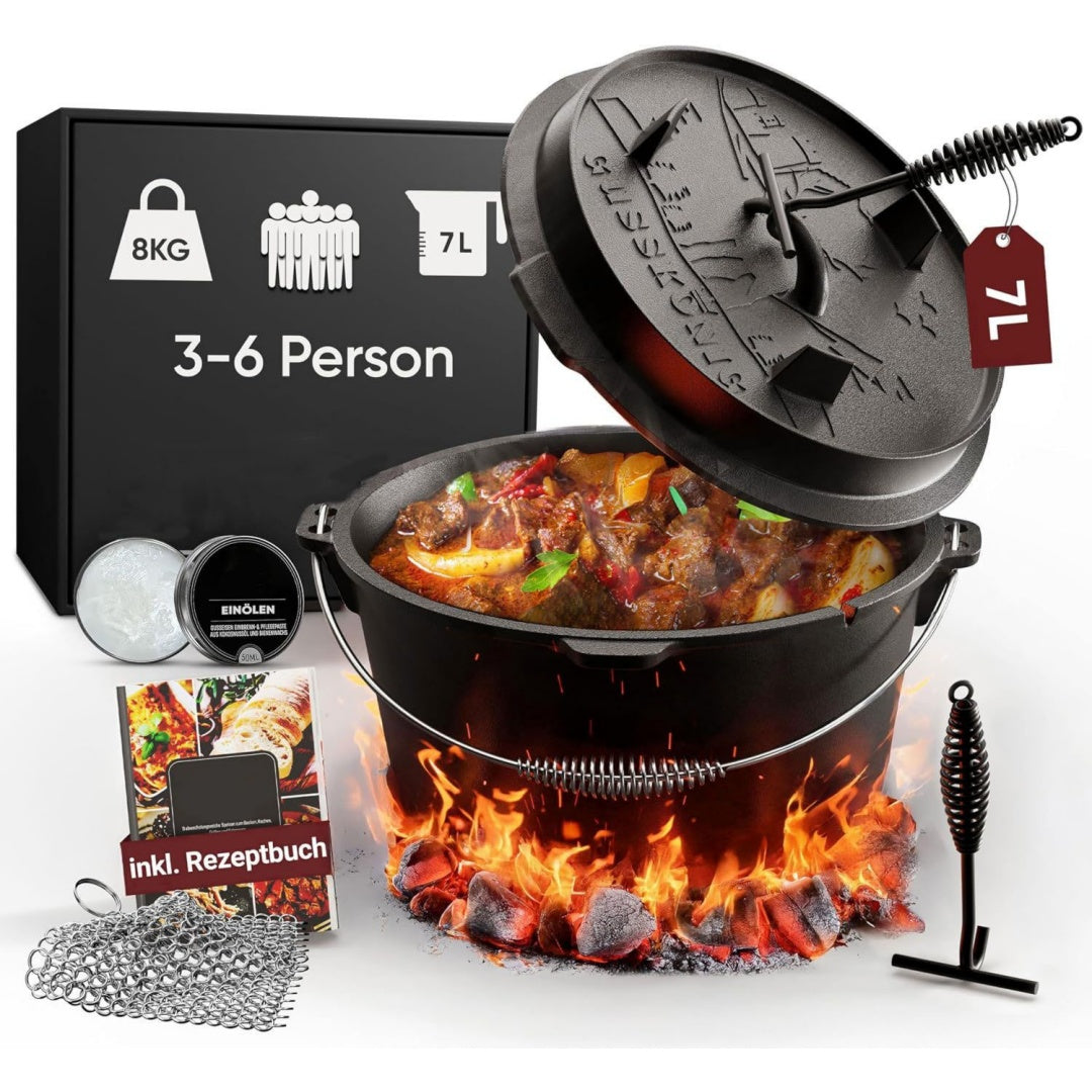 gusskoenig essential line dutch oven set fuer 36 personen 55l topf 15l deckel eingebrannter feuertopf mit fuessen inkl deckelheber ringreiniger pflegepaste rezeptbuch 30 jahre garantie
