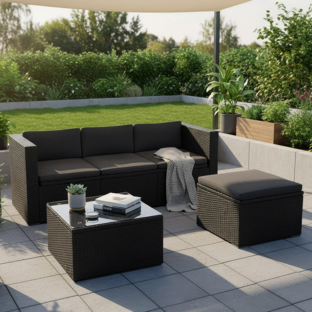 juskys gartenmoebel set m punta cana polyrattan lounge moebel fuer 34 personen mit sofa sessel tisch kissen wetterfeste balkonmoebel fuer garten terrasse schwarzgrau