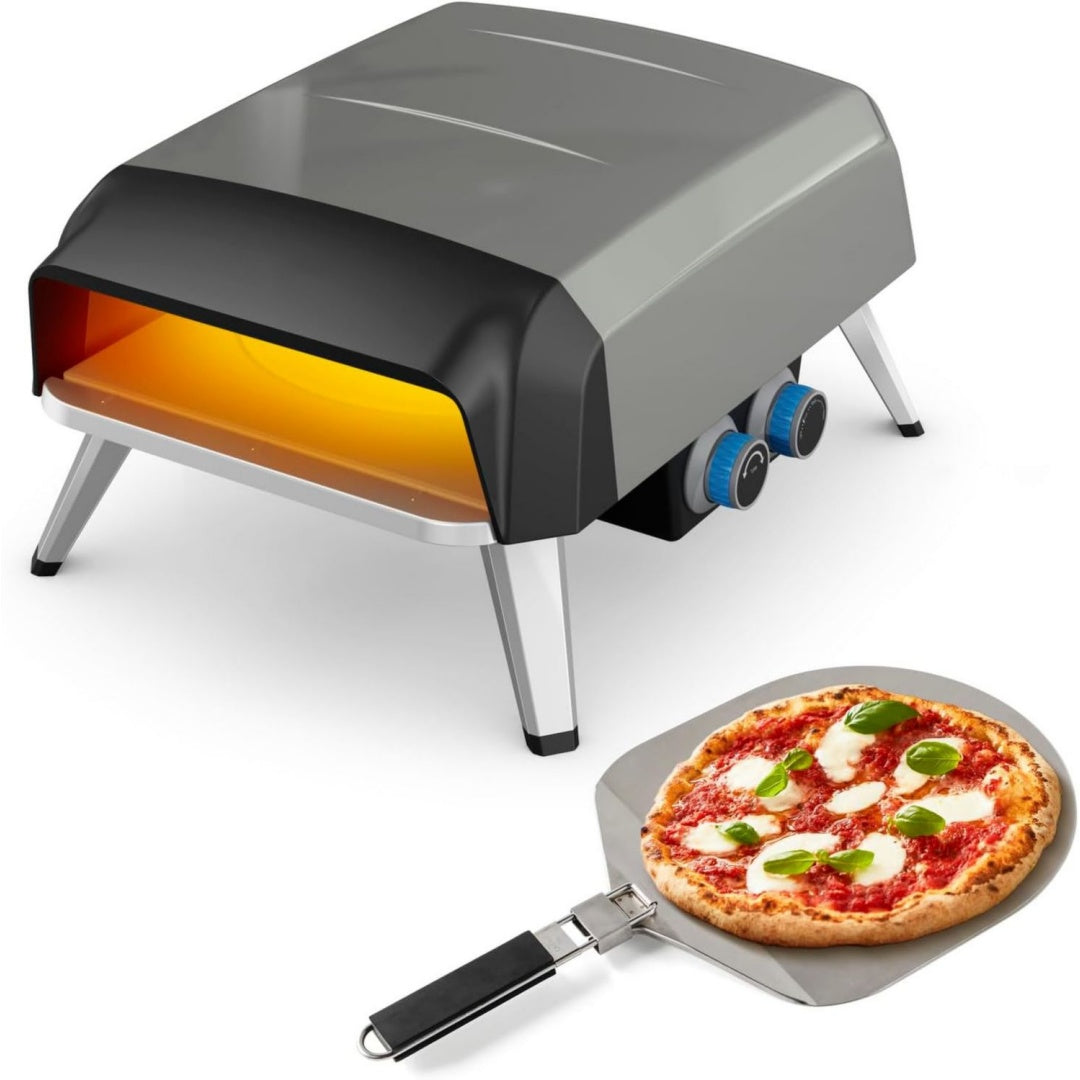 tefal pizza pronto gas-pizzaofen fuer den ausseneinsatz bis 400 c temperaturregler ein-ausschalter steuerung des drehsteins kompakt inkl pizzaschieber edelstahl jm413015