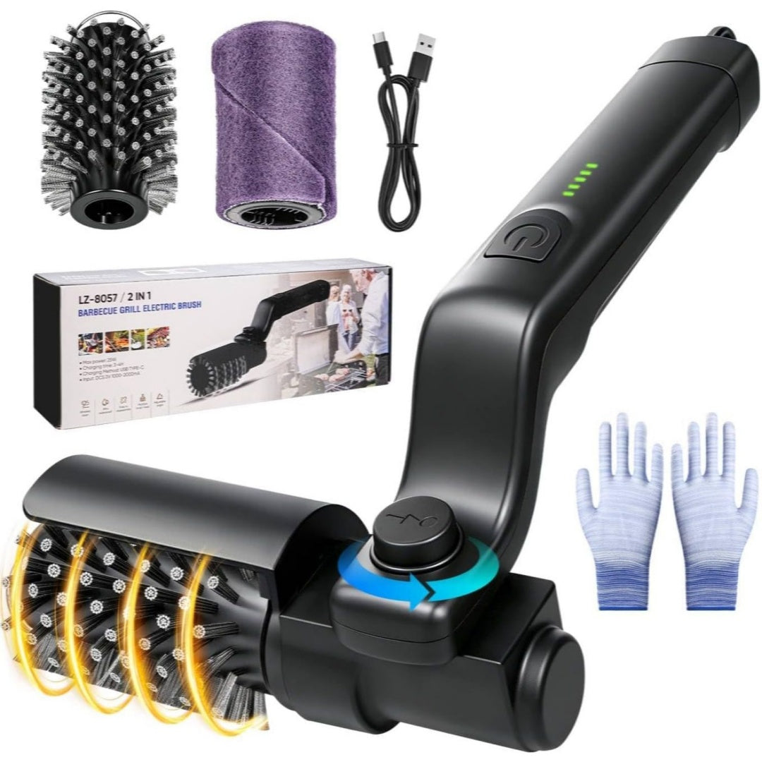 elektrische grillbuerste kabelloser grillreiniger elektrisch mit 3 reinigungsstufen 180 min laufzeit 180 winkel usb-c wiederaufladbar 2 buerstenkoepfe fuer grillrost grill und outdoor grill