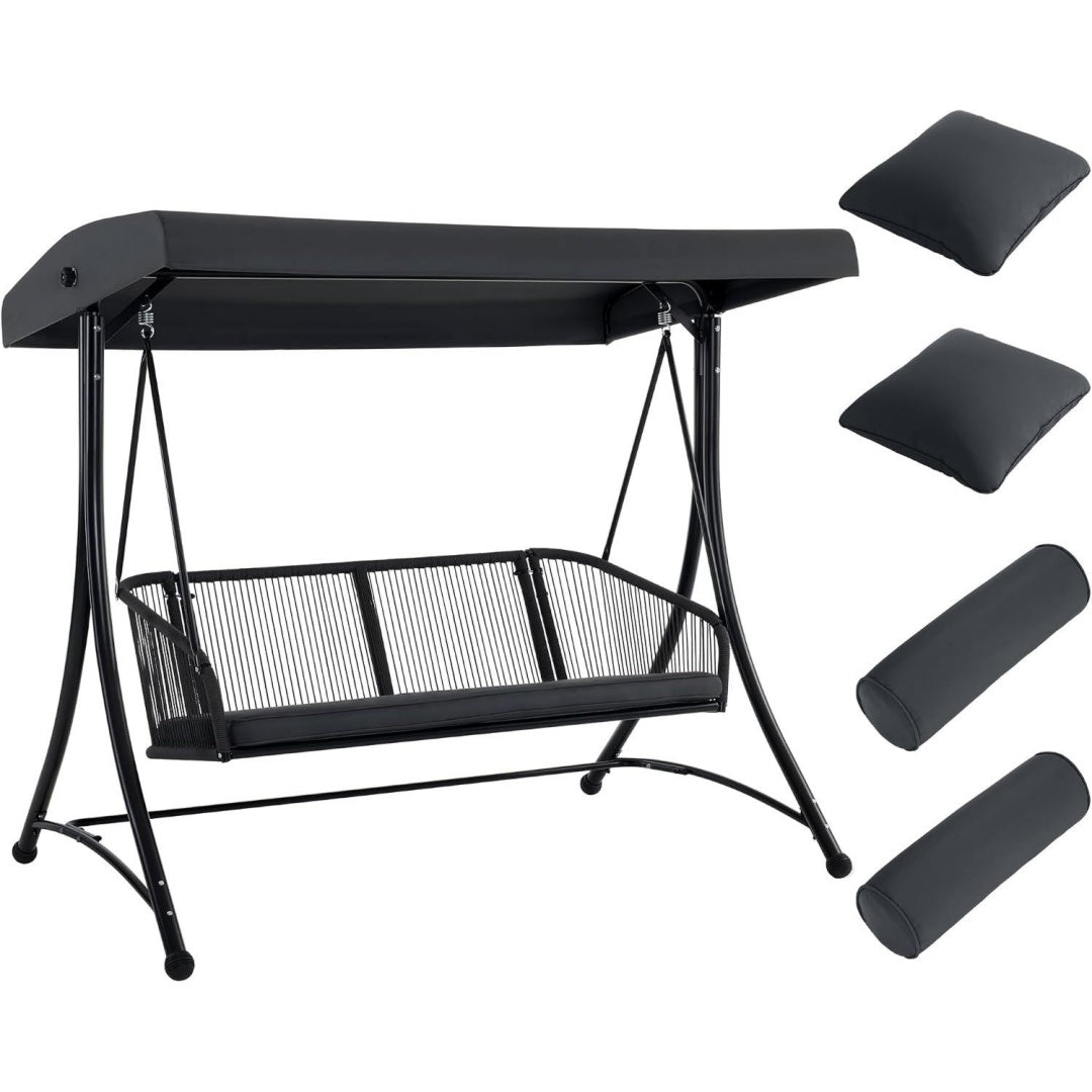 m mcombo hollywoodschaukel 3-sitzer gartenschaukel mit verstellbarem sonnendach schaukelbank outdoor gartenliege wetterfest sitzbezug abwaschbar 8026dey dunkgelgrau