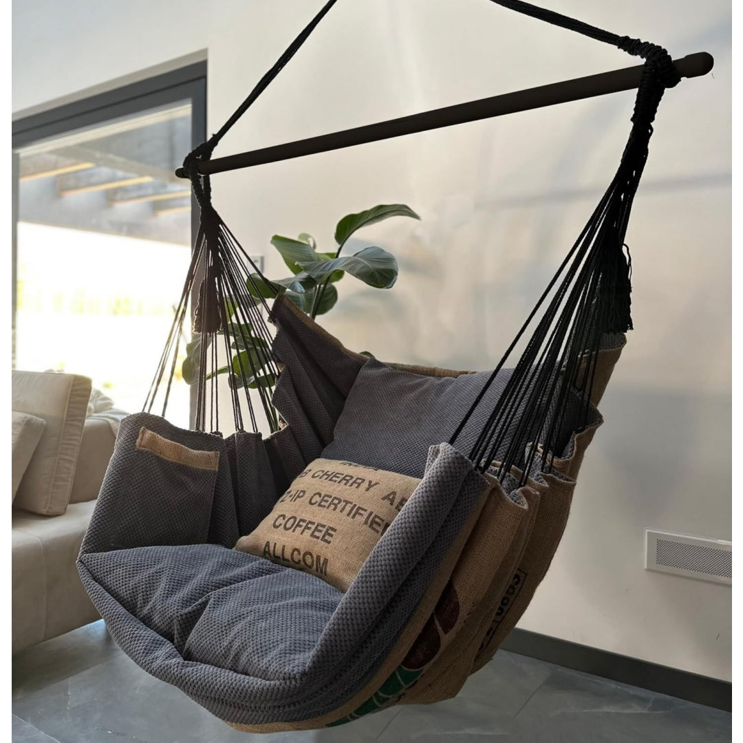 izabell haengesessel mit grossen kissen xxl schaukelstuhl und haengematte fuer indoor outdoor coffee swing aus jutesaecken von kaffeeroestereien