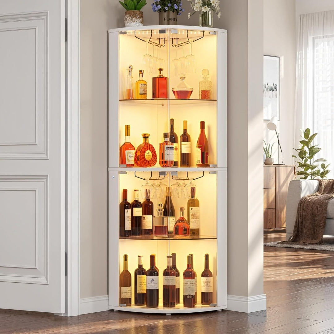 eckschrank mit led-beleuchtung159cm moderner weinschrank 4-stoeckig mit glas-tuer und glashaltern weisser barschrank mit verstellbaren regalen fuer wohnzimmer esszimmer