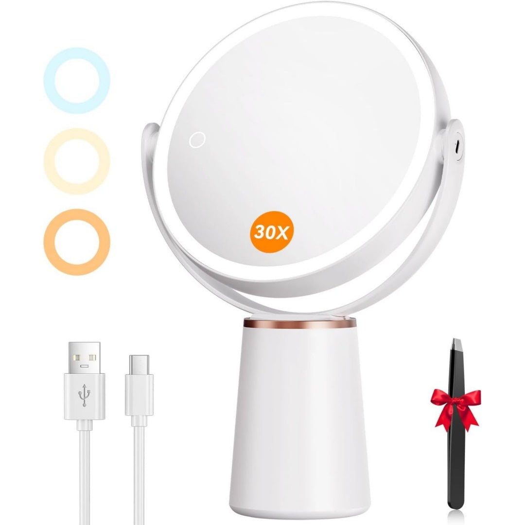 auxmir kosmetikspiegel mit beleuchtung schminkspiegel 30x1x vergroesserung doppelseitig 360 drehbar 2000mah akku 3 lichtfarben touch stufenlos dimmbar led spiegel fuer praezise makeup hautpflege